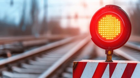 a red warning signal stops trains on empty railway tracks, indicating no passage ahead.