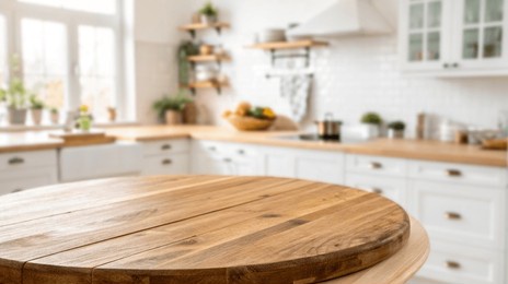 empty beautiful round wood tabletop counter on interior in clean and bright kitchen background