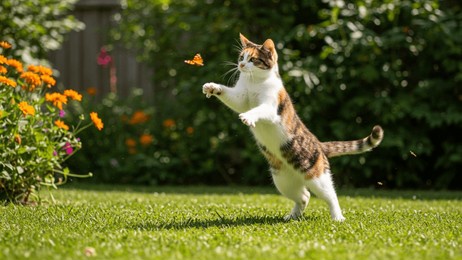a playful calico cat with white, orange, and brown markings leaps to catch a monarch butterfly in a sunny garden.  calico cat, cat, butterfly, pet, animal, play, jump, garden, nature