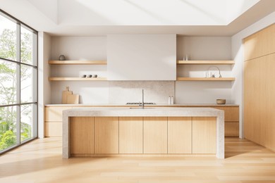 bright modern kitchen interior with wood cabinetry, stone countertops, open shelving and large glass window in natural daylight. 3d rendering