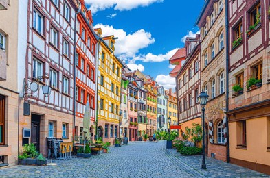old town nuremberg city historical center, pedestrian street tanner's lane weißgerbergasse with old medieval buildings colorful half-timbered houses, middle franconia region, bavaria state, germany