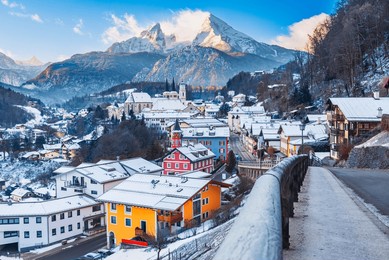 berchtesgaden, germany. charming alpine town in bayern, watzmann mountain snow covered landscape.