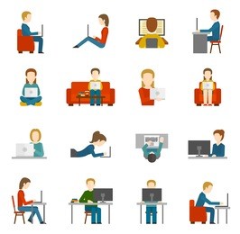 people working on computer and home and in office flat icons isolated vector illustration