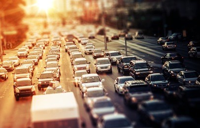 highway traffic at sunset. tilt shift concept photo. traffic in las vegas nevada, usa.