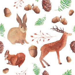 watercolor forest wildlife pattern. hand painted seamless texture with deer, red squirrel, rabbit, acorns, cones, twigs and herbs. natural objects on dark background. vector illustration