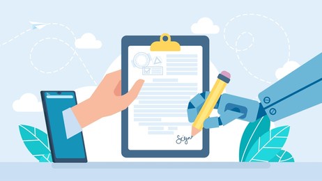 robot hand holding pen signature document signing up contract in mobile phone app, humanoid sign agreement. artificial intelligence digital futuristic technology concept. vector illustration