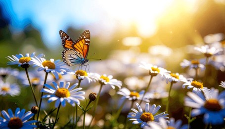vibrant butterfly perched on a blooming daisy in a sunny meadow, surrounded by white and yellow flowers with a warm, glowing bokeh background. perfect for spring or nature themes.