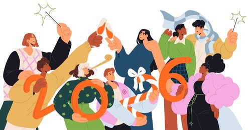 happy people celebrate new year. group of colleagues with champagne congratulate with winter holiday. friends hold figures of 2026 at party, have fun together. flat isolated vector illustration