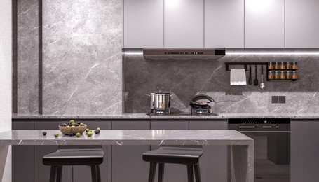 the kitchen elements are seen under cool white lighting, emphasizing a clean, crisp, and highly functional aesthetic. 3d render