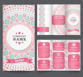 professional three fold business flyer template, corporate brochure or cover design with doodles tribal theme.. vector illustration for pretty feminine design.  ethnic vintage patterns