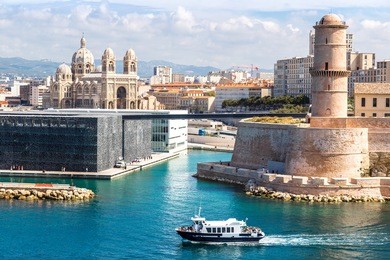 saint jean castle and cathedral de la major and the vieux port in marseille, france