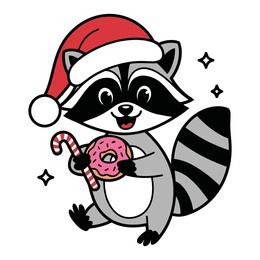 cute raccoon with santa hat holding candy cane and donut