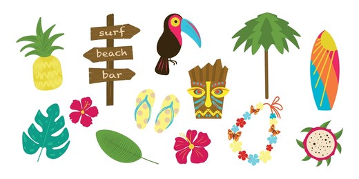 tropical beach set, tropical objects collection. toucan, wooden beach sign, lei necklace, tiki mask, flower, pitaya, leaf, flip flops, pineapple, surfboard, beach umbrella, dragon fruit.