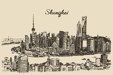 shanghai city architecture (china), vintage engraved illustration, hand drawn, sketch