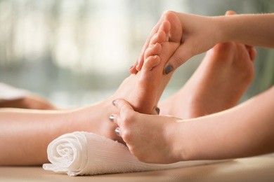 close-up of female hands doing foot massage