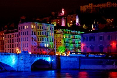 bonaparte bridge and the old town (fourviere hill)  during light fest