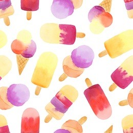 seamless pattern with hand drawn watercolor ice cream. watercolor dessert for wrapping, fabric, wallpaper. bright background. vector illustration.