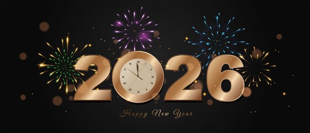 golden 2026 new year greeting with a clock showing midnight, surrounded by colorful fireworks on a dark background. festive design symbolizing celebration, joy, and new beginnings. vector
