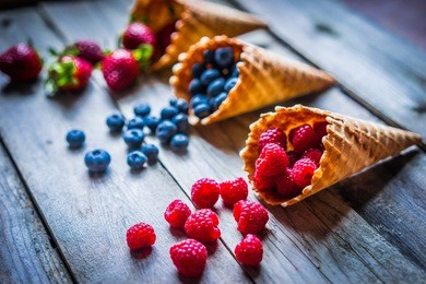 berries in waffle cones