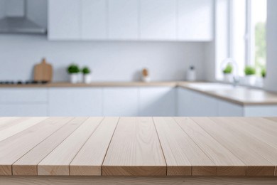 wood table top on blur kitchen counter (room)background.