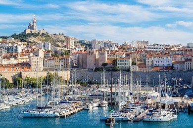 aerial panoramic view on basilica of notre dame de la garde and old port  in marseille, france