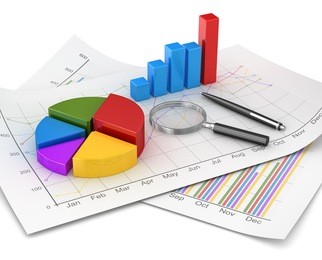business chart and finance concept, pie and bar chart and magnify glass and pen on financial paper. 3d render image and computer generated image.