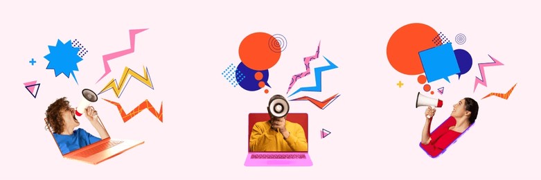 too many voices. three people yell from different laptops as their speech explodes into colorful shapes and mixed signals. conceptual art collage. banner. concept of overloaded, digital, opinion.
