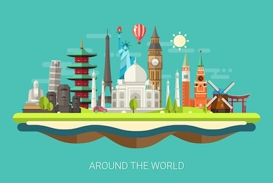 illustration  of vector flat design postcard with famous world landmarks icons