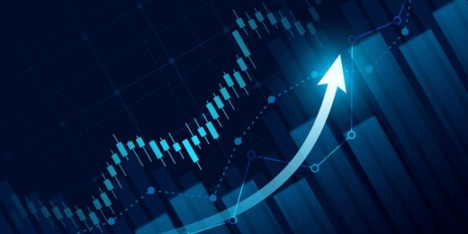 financial chart with moving up arrow graph in stock market on blue color background