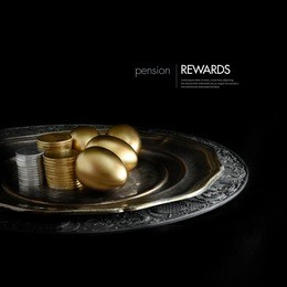 concept image for pension rewards, returns or investment funding. creatively lit golden eggs and stacked coins on an antique pewter plate against a black background. copy space.