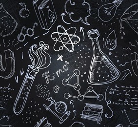 back to school: science lab objects doodle vintage style sketches seamless pattern, vector illustration over a blackboard 