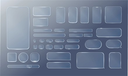 liquid glass design elements. set of vector transparent glass buttons ui ux. glass screen of mobile device. smartphone interface design. design elements for application phone, game menu and website.