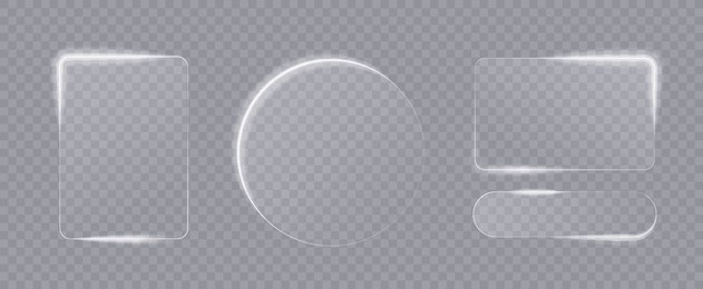 light frame liquid glass, glass panel set for mobile and web app, tech board frame in futuristic style. hud element interface, vector illustration. light glass png banner collection with glow effect.