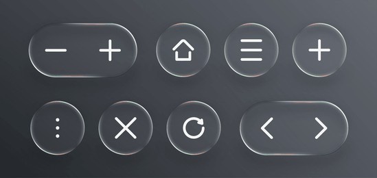 liquid glass ui kit with various web and app icons. minimalist user interface elements for modern design. technology vector illustration.