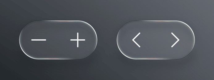 liquid glass button with plus and minus symbols besides left and right arrows for user interface design. vector graphics.