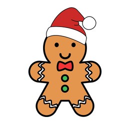 a cartoon gingerbread man wearing a red santa hat and a red bow tie, with two black eyes and two green buttons. flat design. vector illustration.