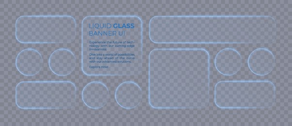 liquid glass ui elements with neon blue glow on transparent background in clean minimal style. perfect for tech interfaces, app design, and web layouts. vector illustration.