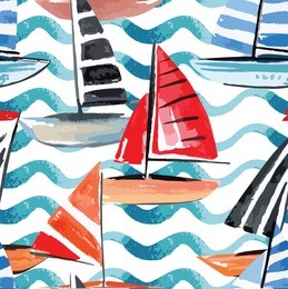 hand drawn watercolor sail boat, sea waves. seamless vector pattern background tropical beach paradise wallpaper