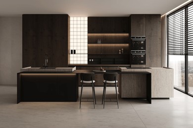 modern minimalist kitchen-living room in a house with wooden facades, a large kitchen island with bar stools, shelves and built-in kitchen appliances. 3d render