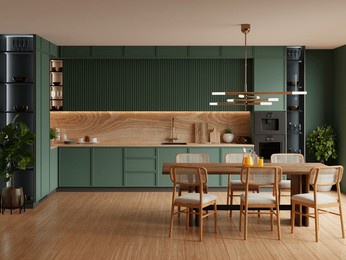 kitchen room interior design with dark green wall,dining room interior- 3d rendering