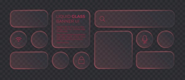 liquid glass smartphone icon interface isolated for dark theme. red ui light frame square and circle banner with glow stroke. control center widget for smartphone and web app, vector illustration.