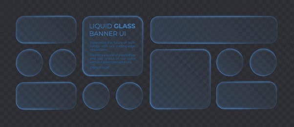 liquid glass smartphone interface isolated for dark theme. blue ui light frame square and circle banner with glow stroke. control center widget for smartphone and web app, vector illustration.
