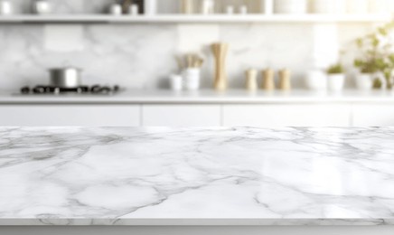 sleek white marble kitchen countertop, out-of-focus
