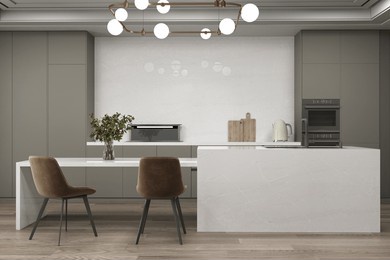 bright kitchen and dining room interior with furniture and kitchenware, grey, beige and dark kitchen interior background, luxury kitchen. 3d rendering