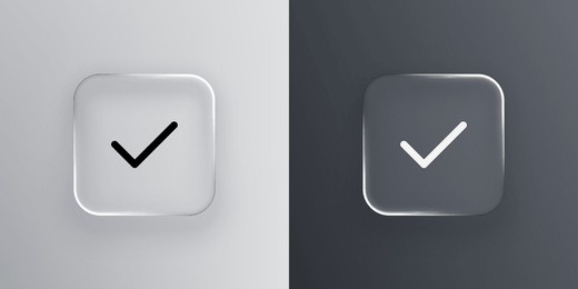 glassmorphism checkmark icon on light and dark background. liquid glass vector design for user interface digital web app.