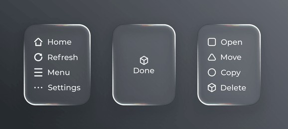 transparent user interface design elements with glass effect on dark background. modern glassy buttons with icons and text for web or app.