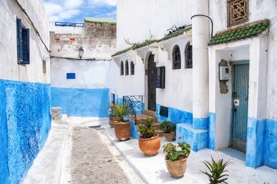 famous blue and white streets of kasbah of the udayas in rabat. the capital of morocco has unesco world heritage status and very famous among tourists