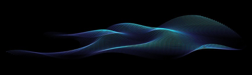 flowing dots particles wave pattern 3d curve halftone blue green gradient curve shape isolated on black background. vector in concept of technology, science, music, modern.