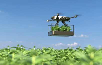 drones transporting vegetables in a vegetable plot, agriculture technology, farm automation. 3d illustration