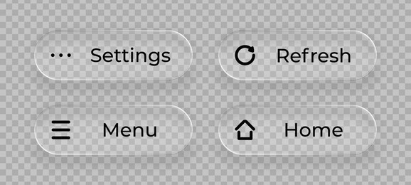 liquid glass ui buttons feature settings and menu with home and refresh icons for digital interface design.